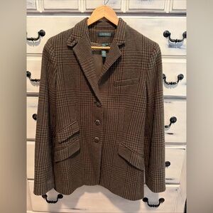 Vtg Ralph Lauren Blazer Houndstooth Plaid Wool Suede Elbow Patches Equestrian 8